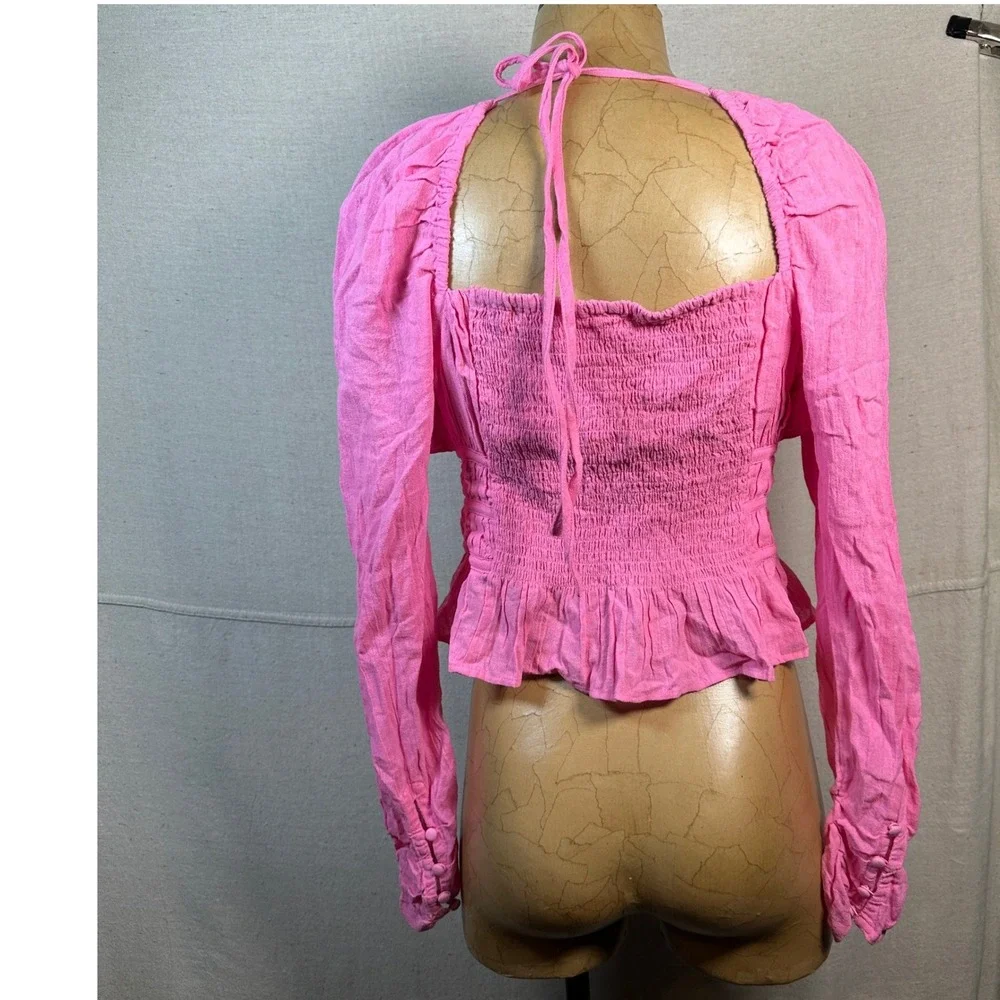 Free People Chloe Pink Smock Peplum‎ Crop Blouse Long Puff Sleeve Sweetheart Top